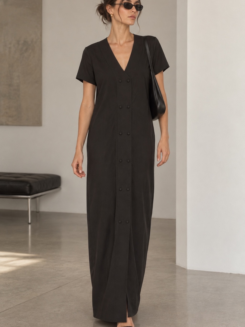 Tavik In Transit Black V-Neck Double-Breasted Maxi Dress Minimalist coastal